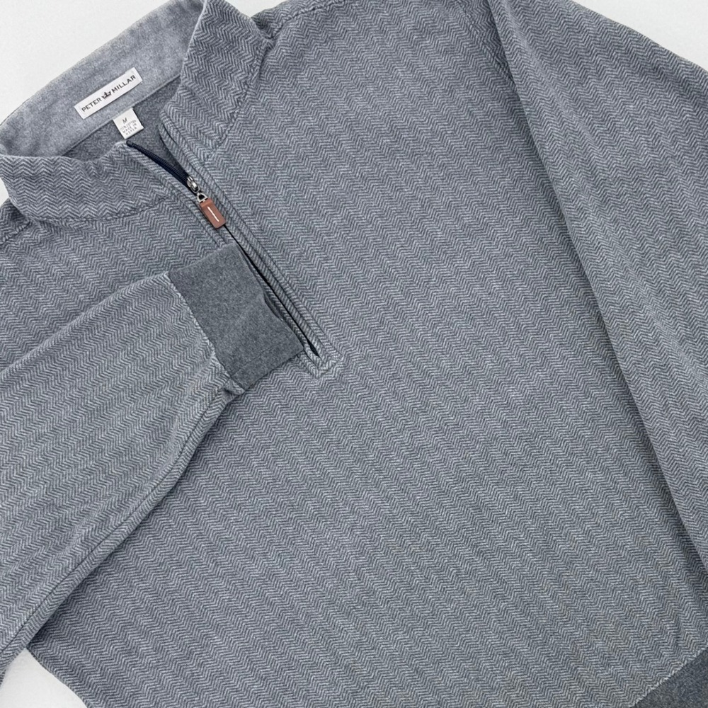 Peter Millar Pullover Mens Medium Gray Herringbone 1/4 Quarter Zip Excellent